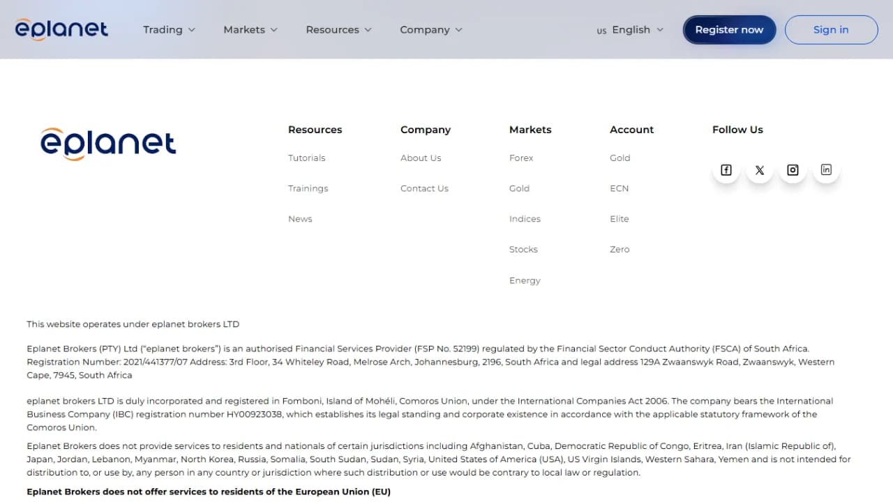 eplanet-brokers-regulation.webp eplanet brokers' regulation details can be found in the footer of their website.