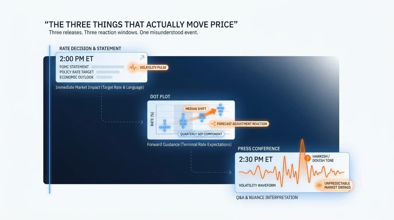 three-things-move-price-fomc-rate-dotplot-press-conference.webp FOMC breakdown showing three separate market-moving events: rate decision and statement, dot plot projections, and press conference, each affecting price differently in forex and gold markets.